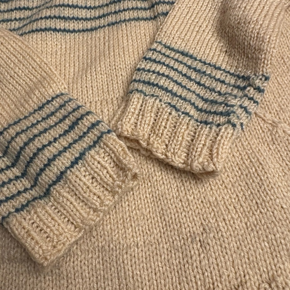 Hand Crafted Wool Cream and Blue Turtleneck Sweater - Picture 6 of 9